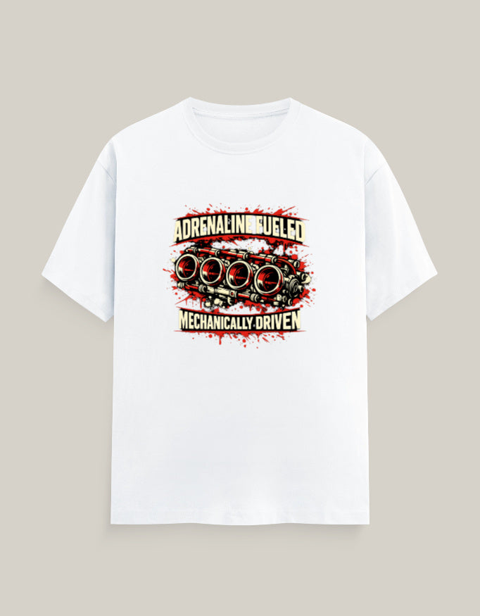 Adrenaline Fueled, Mechanically Driven — White — Front